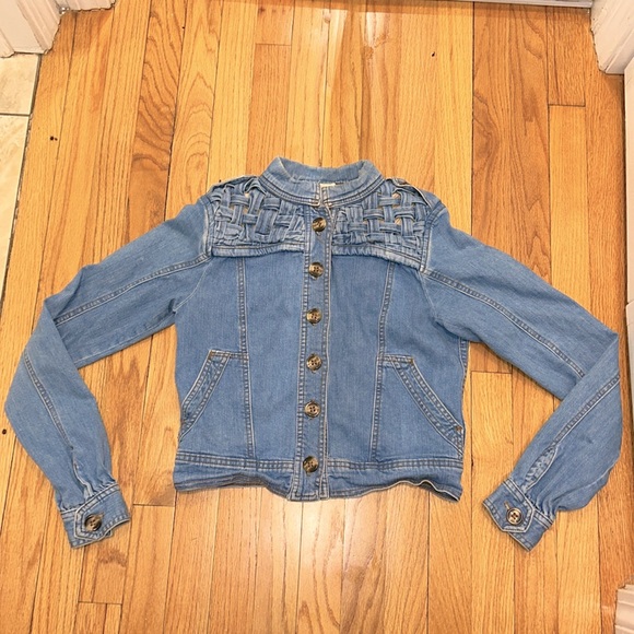 ✨ Mike & Chris ✨ Lattice Weave Cropped Jean Denim Jacket Button Up Size Small - Picture 8 of 10